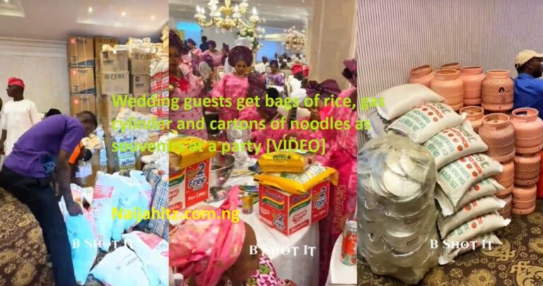 Wedding guests get bags of rice, gas cylinder and cartons of noodles as souvenirs at a party [VIDEO]